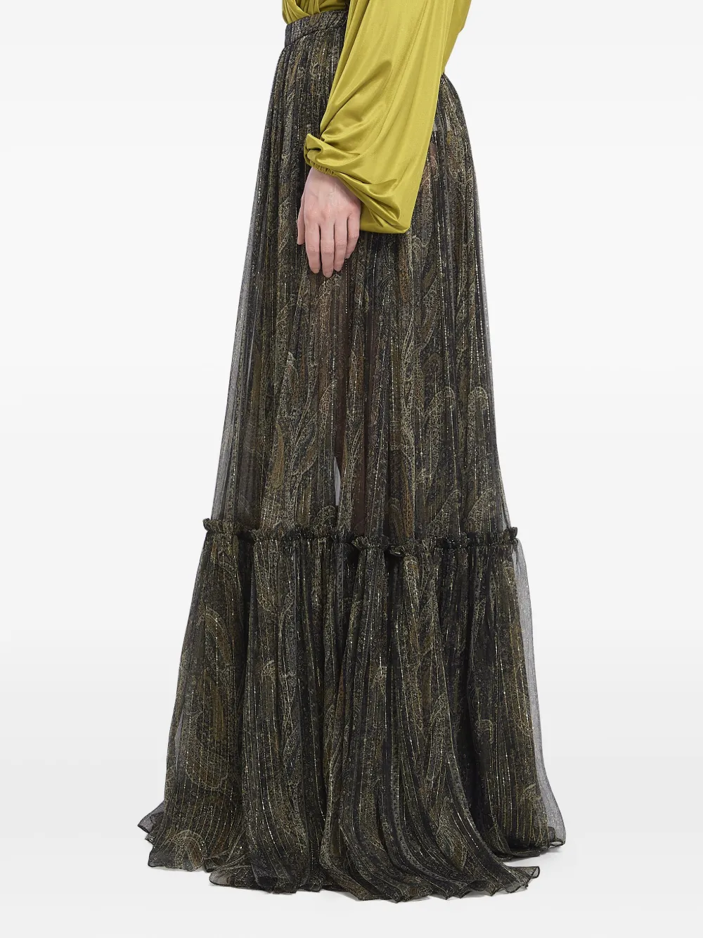 Saint Laurent Gelaagde rok met metallic vezels en paisley-print Groen