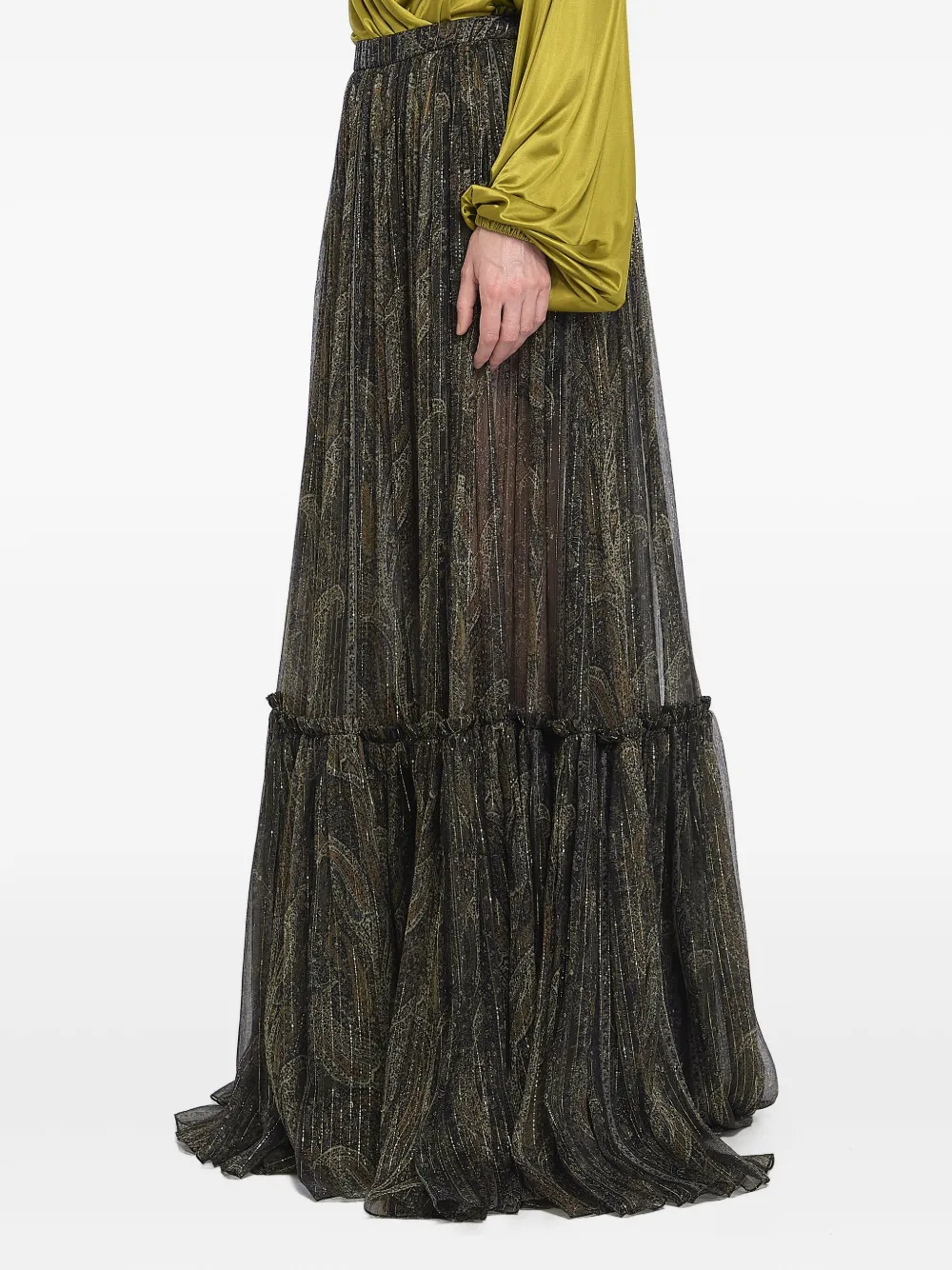 Saint Laurent Gelaagde rok met metallic vezels en paisley-print Groen