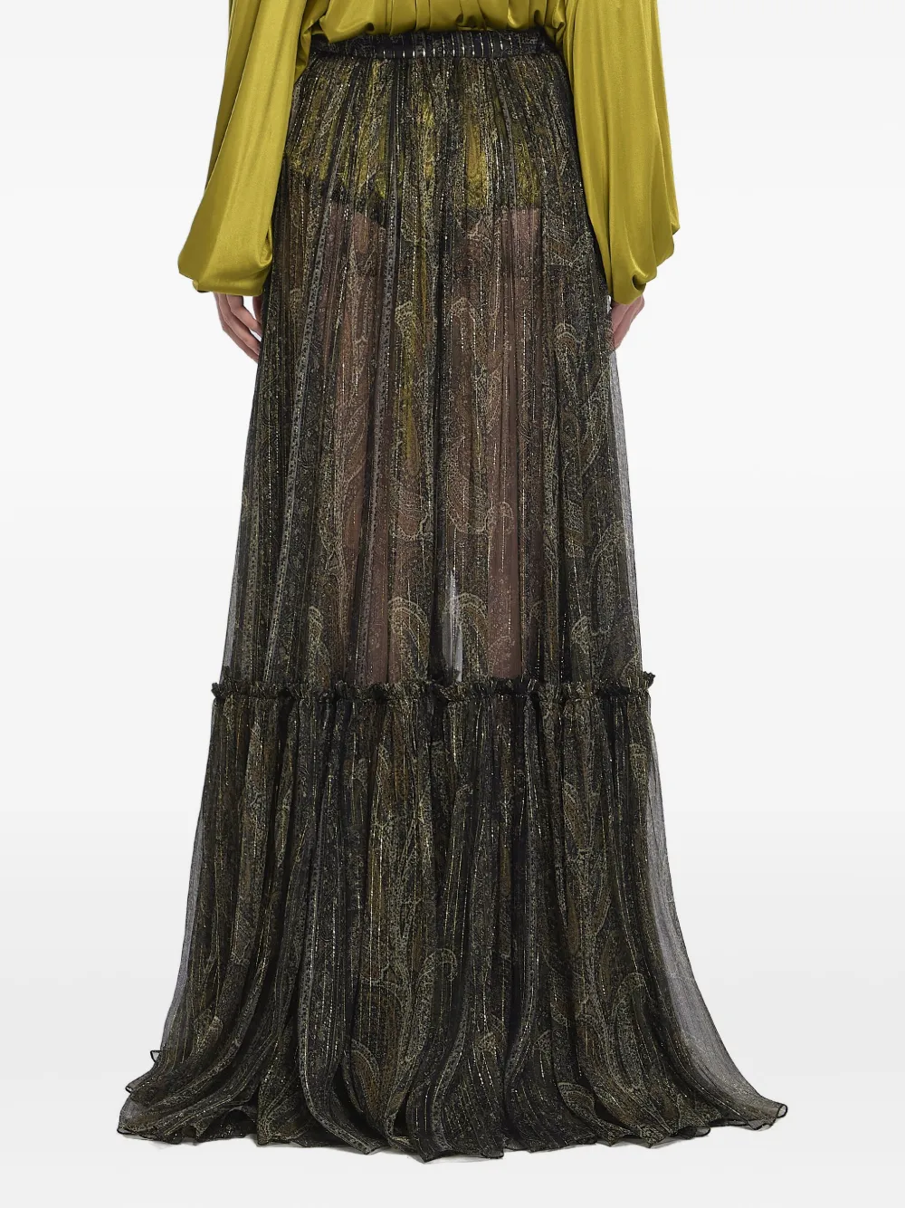 Saint Laurent Gelaagde rok met metallic vezels en paisley-print Groen