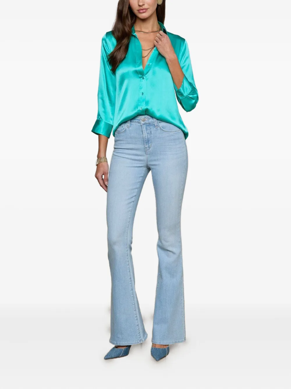 L'Agence Zijden blouse met cropped mouwen - Blauw