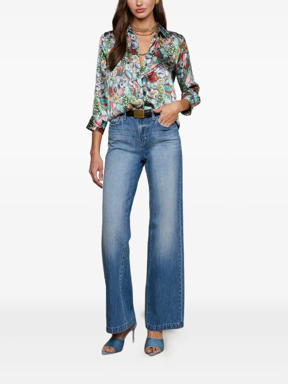 L'Agence Blouse met print en cropped mouwen - Blauw