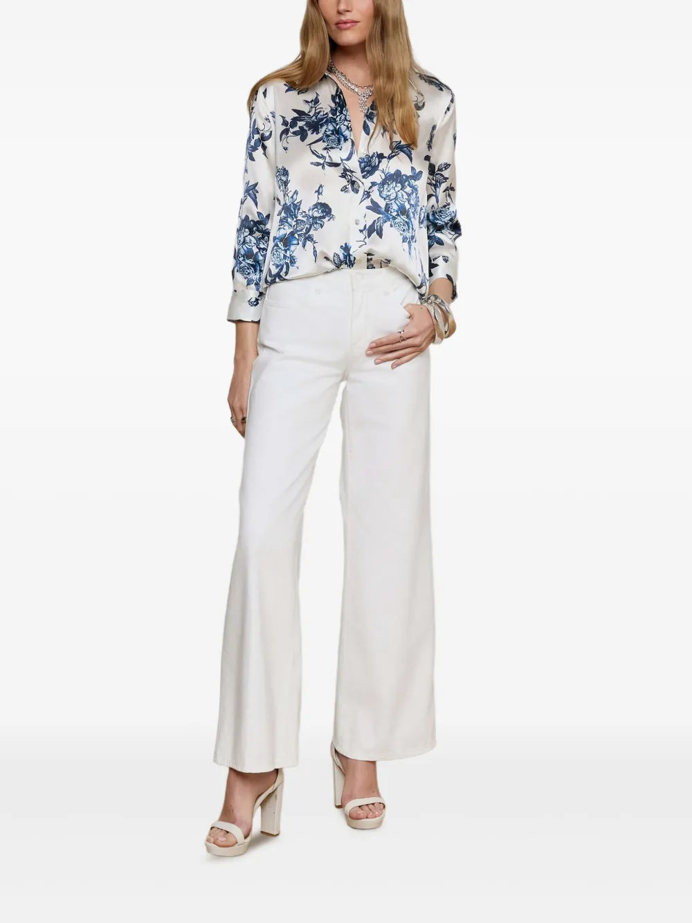 L'Agence Blouse met cropped mouwen en bloemenprint - Wit