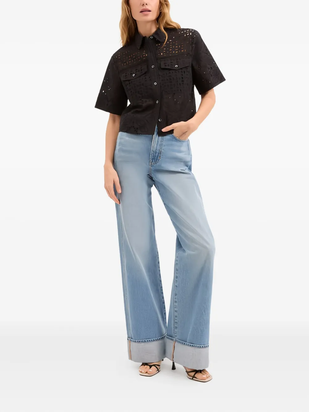 Veronica Beard eyelet-embroidered short-sleeve shirt - Zwart
