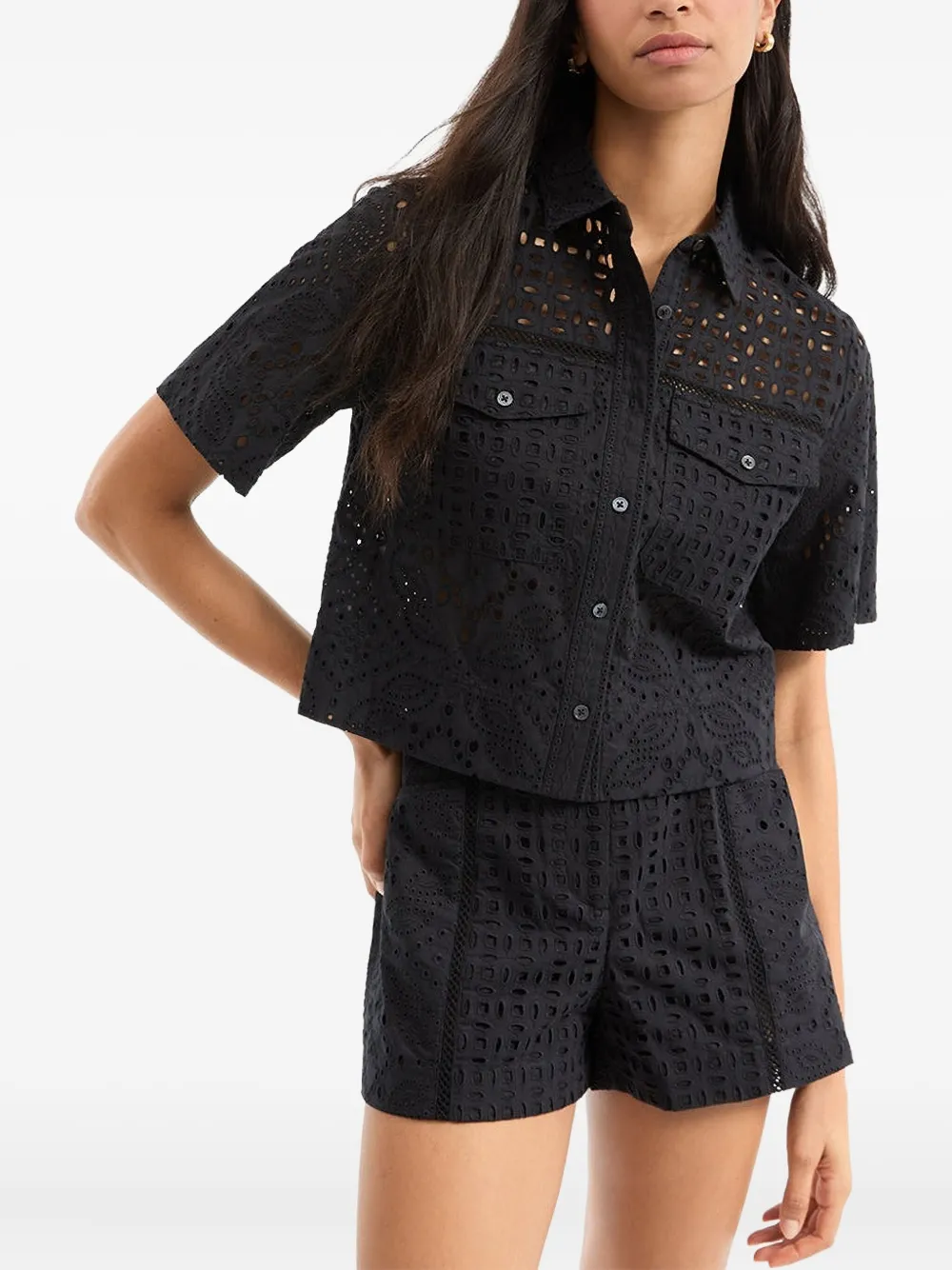 Veronica Beard eyelet-embroidered short-sleeve shirt | Black | Image 1