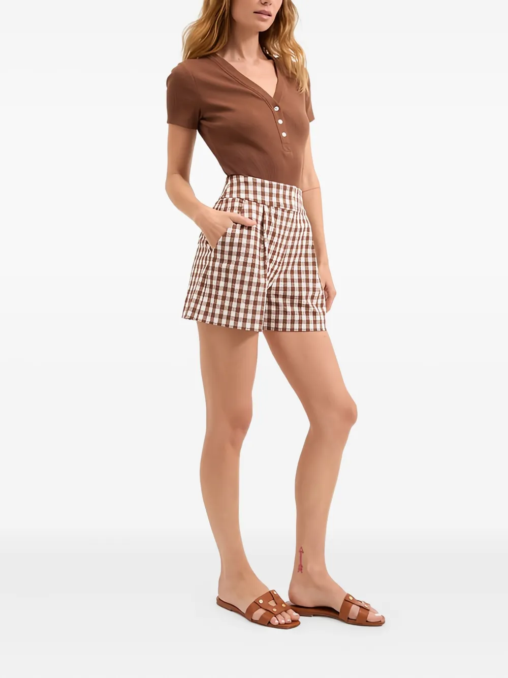 Veronica Beard Haina Gingham-pattern Pleated Shorts In Brown