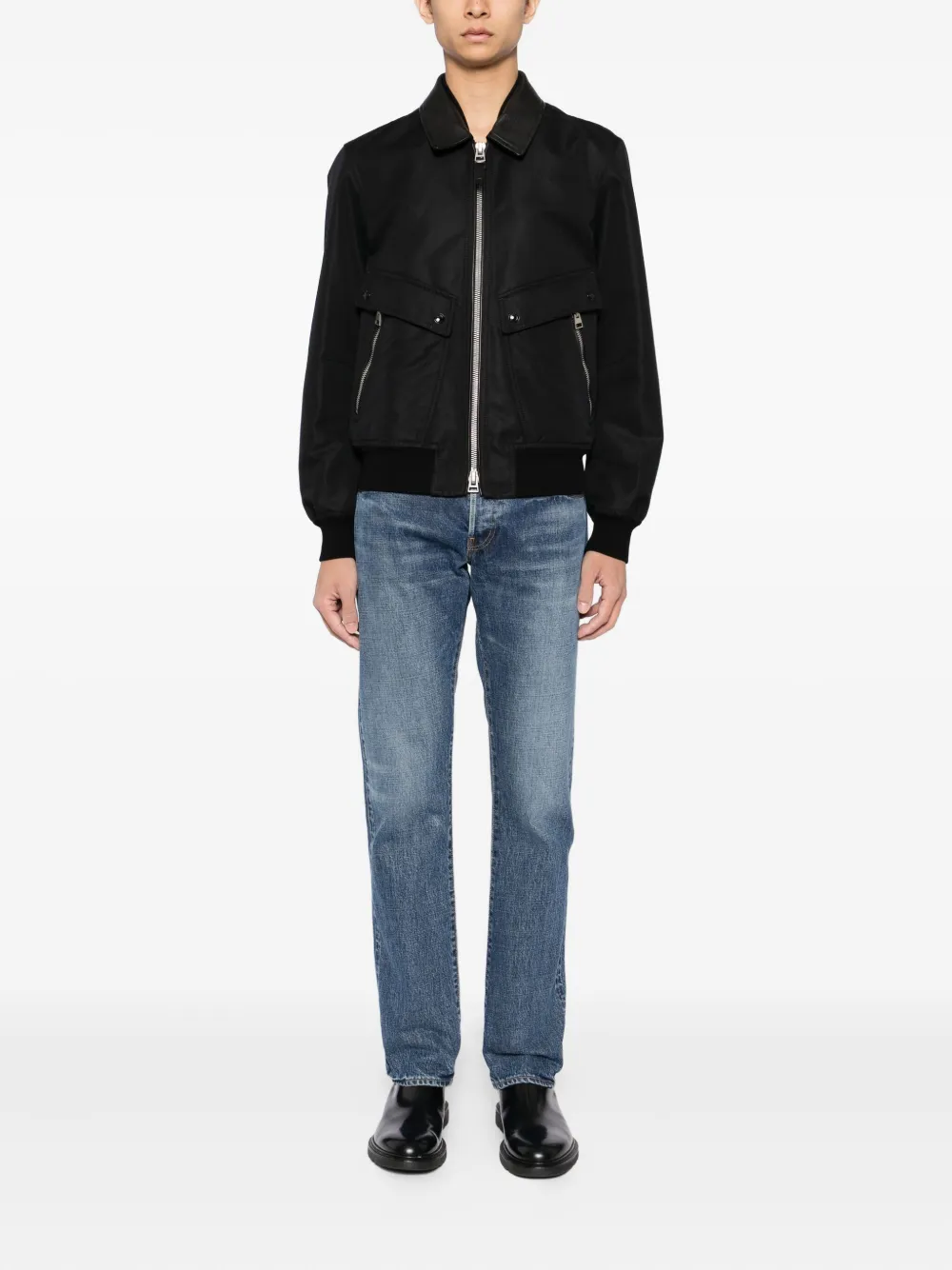 TOM FORD Bomberjack met leren kraag Zwart