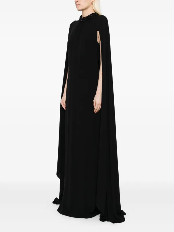 cape dress designer Tubino Dress With Beaded Bow And Draped Cape - Luxury Evening Dress | Rami Al Ali Cloud Cream & Peach Parfait / FR 46
