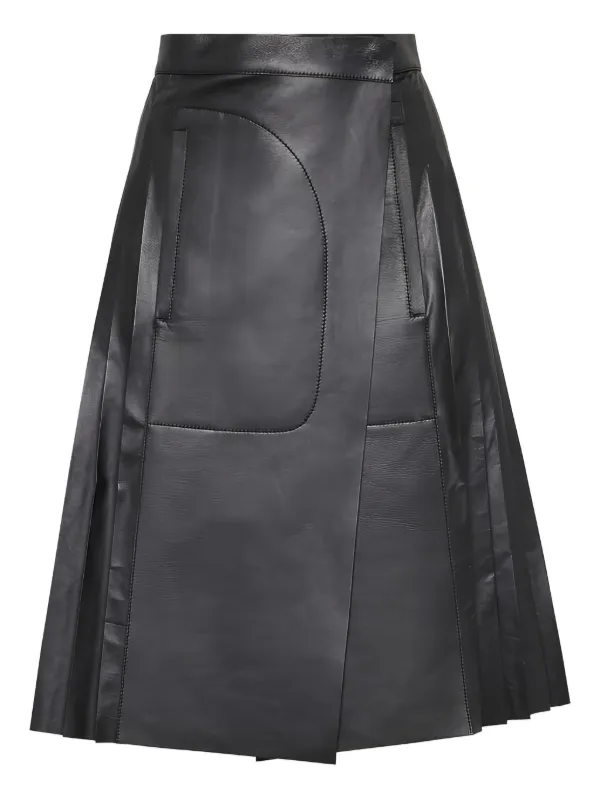 Ferragamo Pleated Leather Midi Skirt in Black