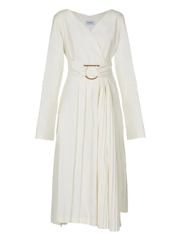 Ferragamo Belted Wrap Midi Dress in White