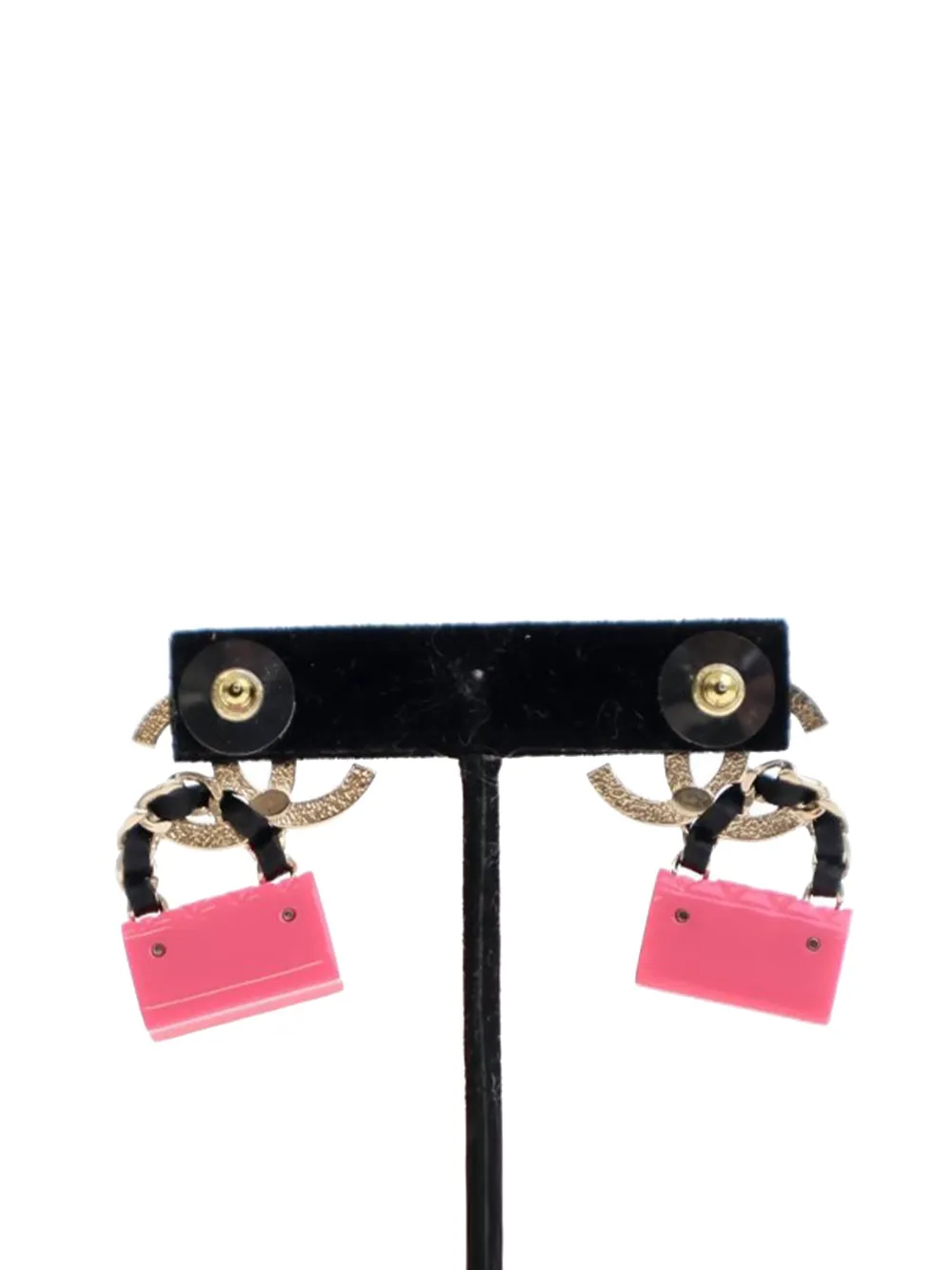 Pre-owned Chanel 2023 Gold Plated Calfskin Resin Cc Handbag Push Back Earrings Costume Earrings