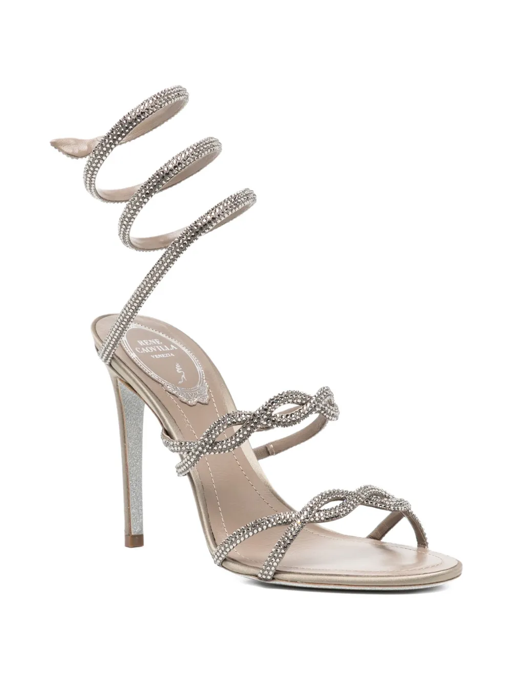 René Caovilla 110 mm sandalen verfraaid met kristallen en spiraalvormige bandjes Beige