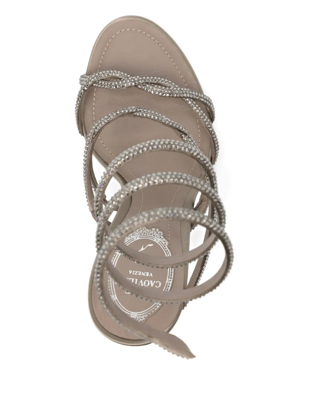 René Caovilla 110 mm sandalen verfraaid met kristallen en spiraalvormige bandjes Beige