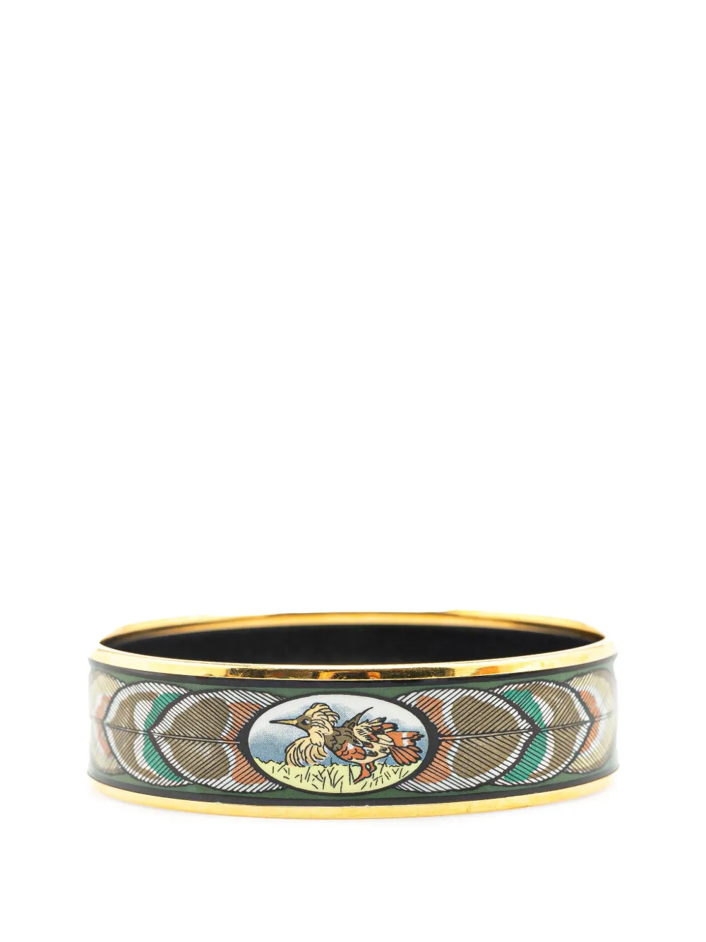 Pre-owned Hermes 20th Century Wide Bird Feather Enamel Bangle 65 Costume Bracelet In Gold