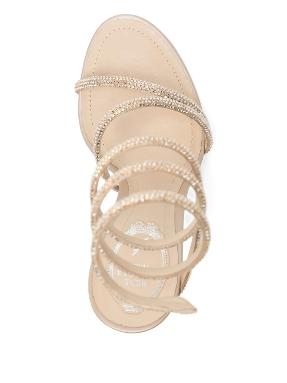 René Caovilla 110 mm sandalen verfraaid met kristallen en spiraalvormige bandjes Beige