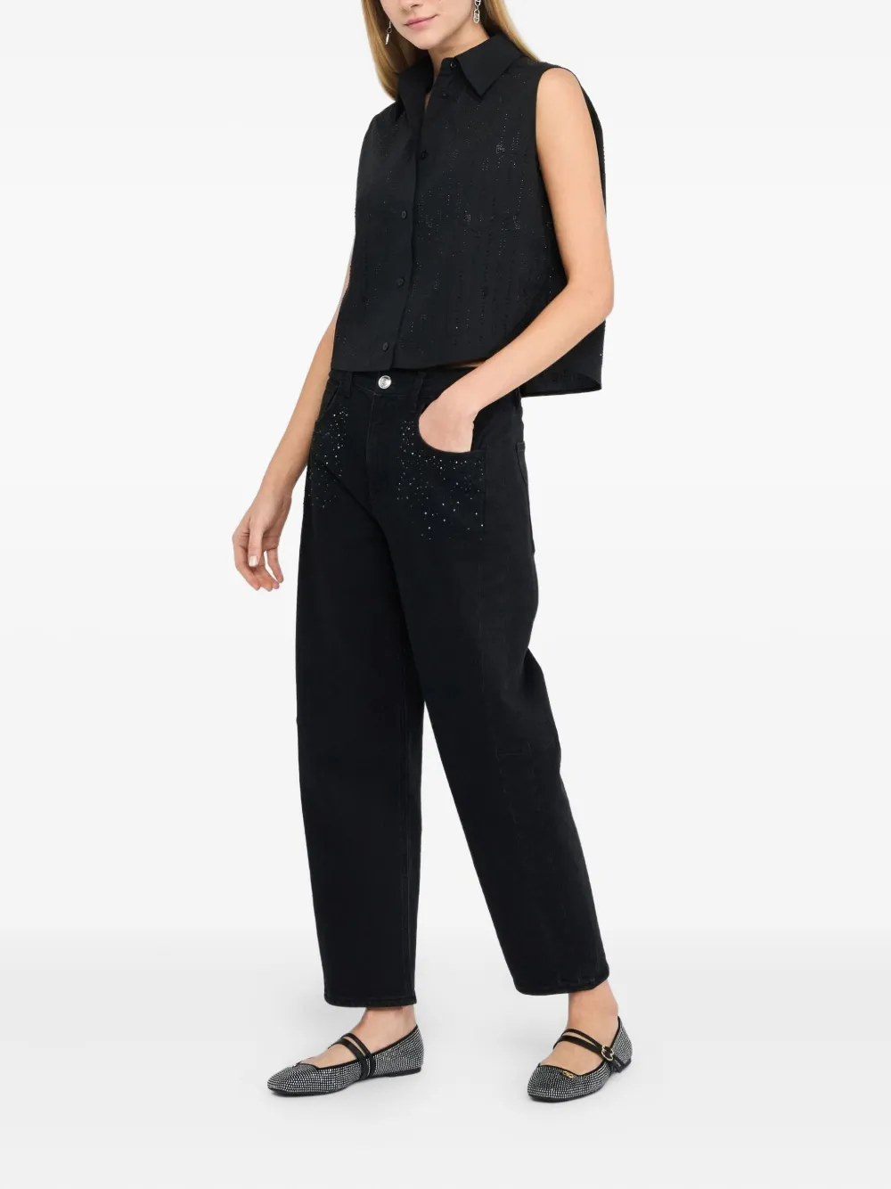 LIU JO Cotton top with rhinestones - Zwart