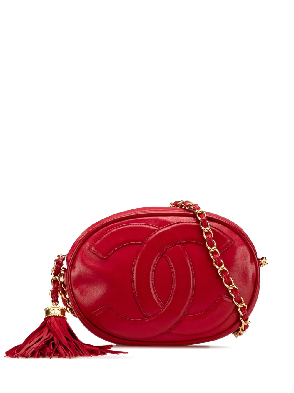 Pre-owned Chanel 1989-1991 Cc Lambskin Tassel Oval Camera Bag Crossbody Bag
