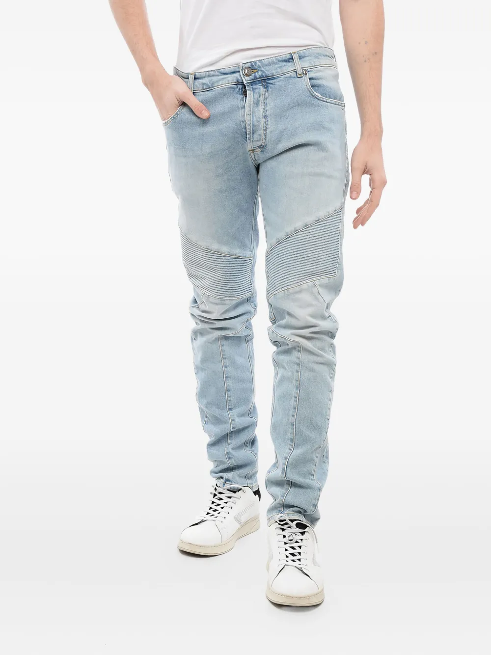 Balmain Light-wash Tapered Biker Jeans