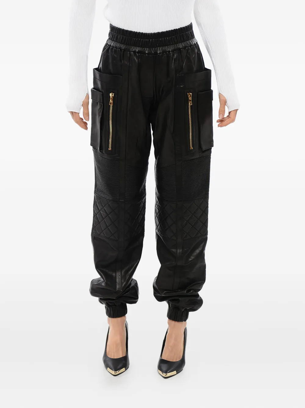 Balmain Leren high waist broek Zwart