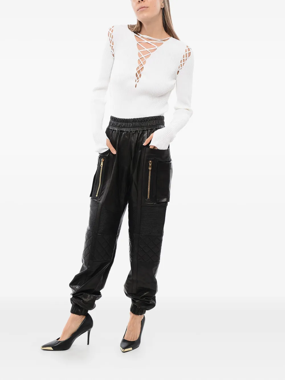 Balmain Leren high waist broek - Zwart