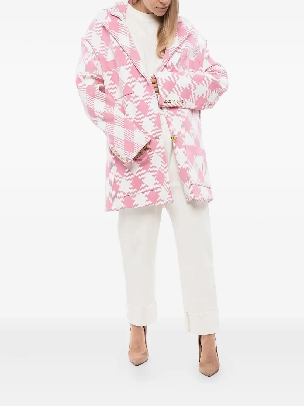 Balmain Chech-print Oversized Coat In Pink