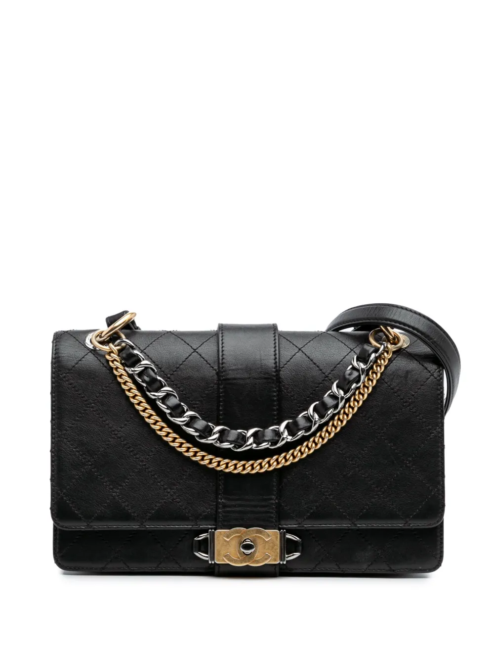 Pre-owned Chanel 2018-2019 Quilted Calfskin Double Chain Top Handle Flap Satchel