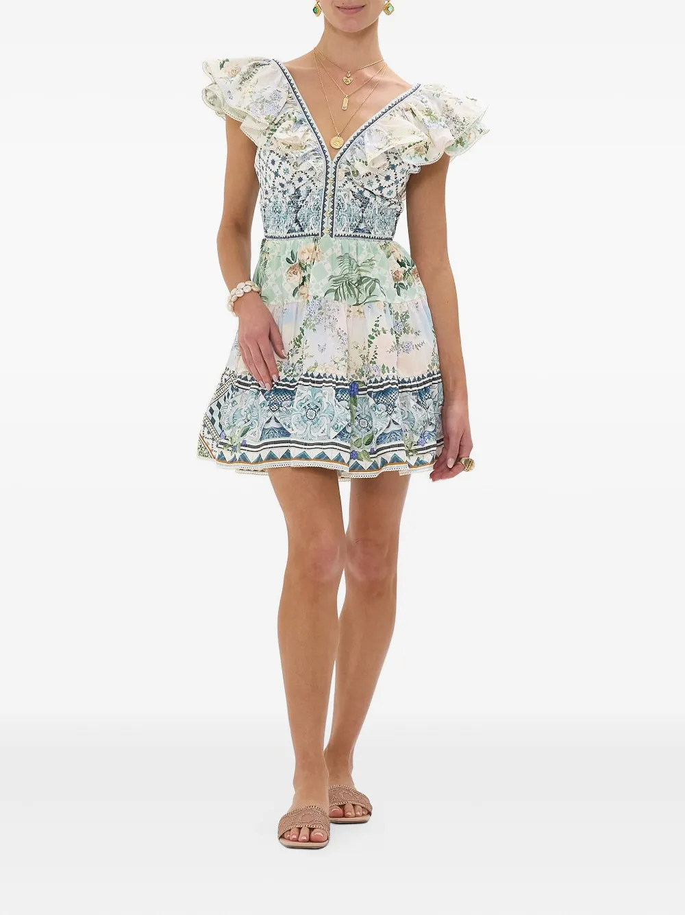 Camilla ruffle-trimmed floral-print mini dress Wit