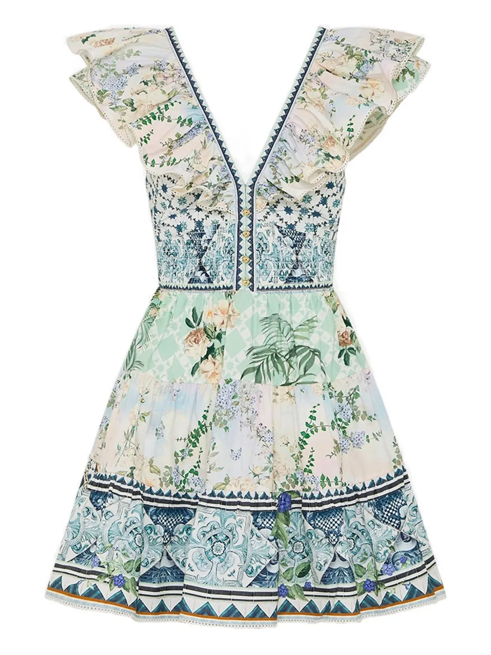 Camilla ruffle-trimmed floral-print mini dress Wit