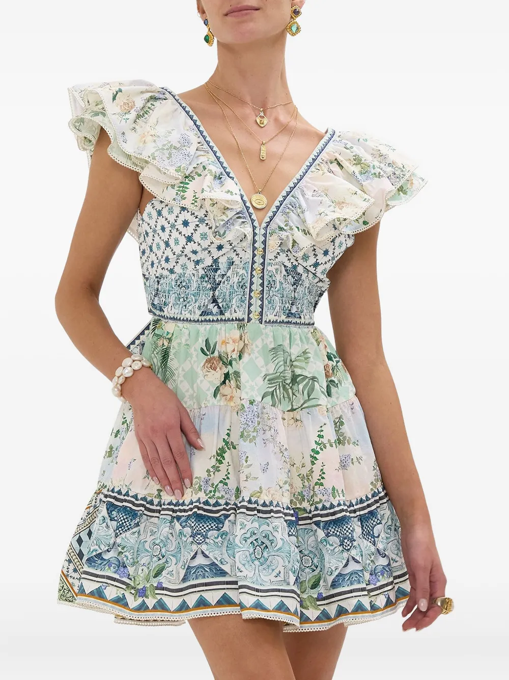 Camilla ruffle-trimmed floral-print mini dress Wit