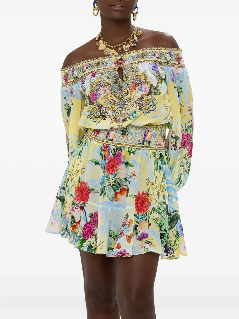 Camilla off-shoulder floral print mini dress Geel