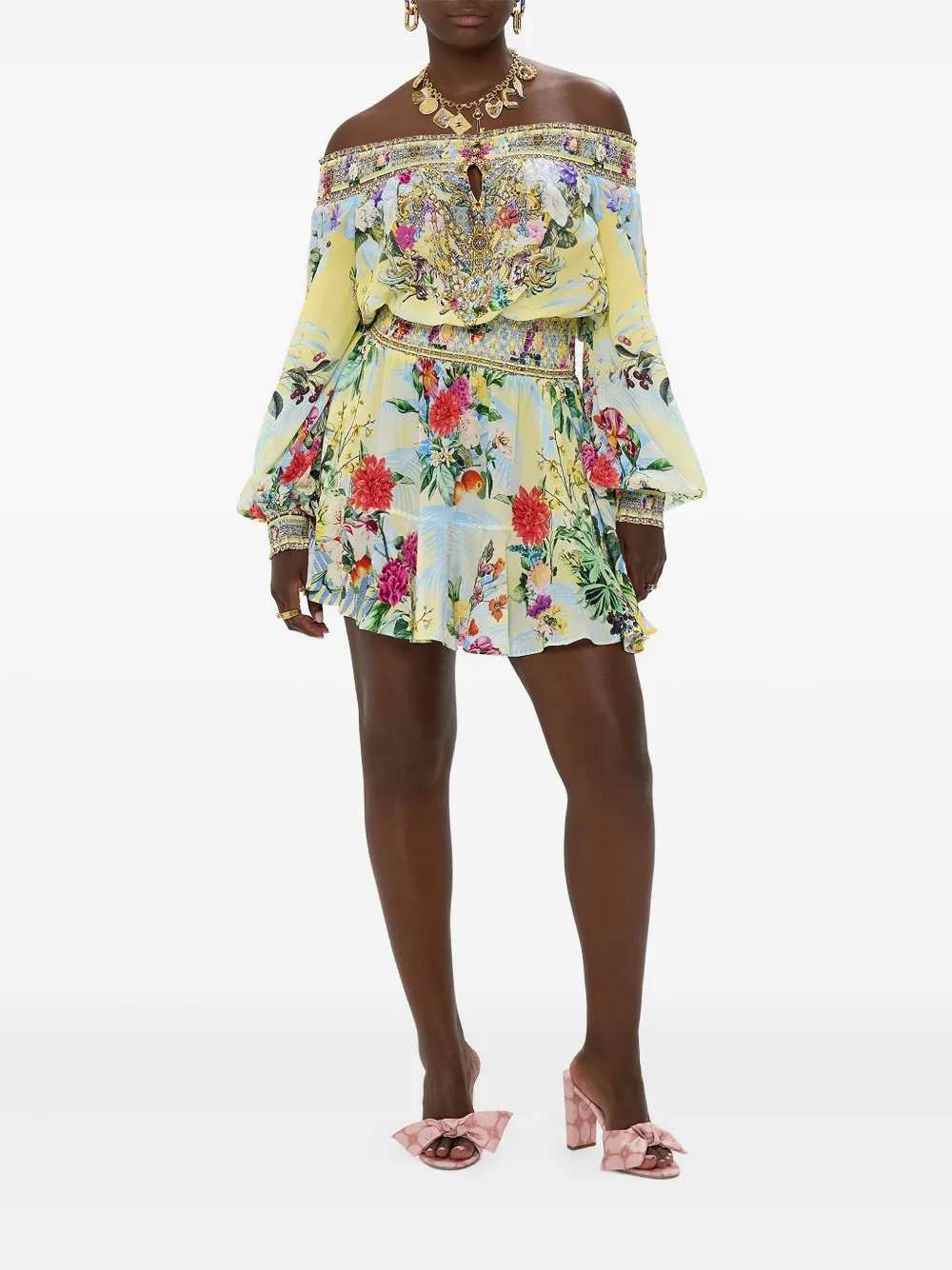 Camilla off-shoulder floral print mini dress Geel