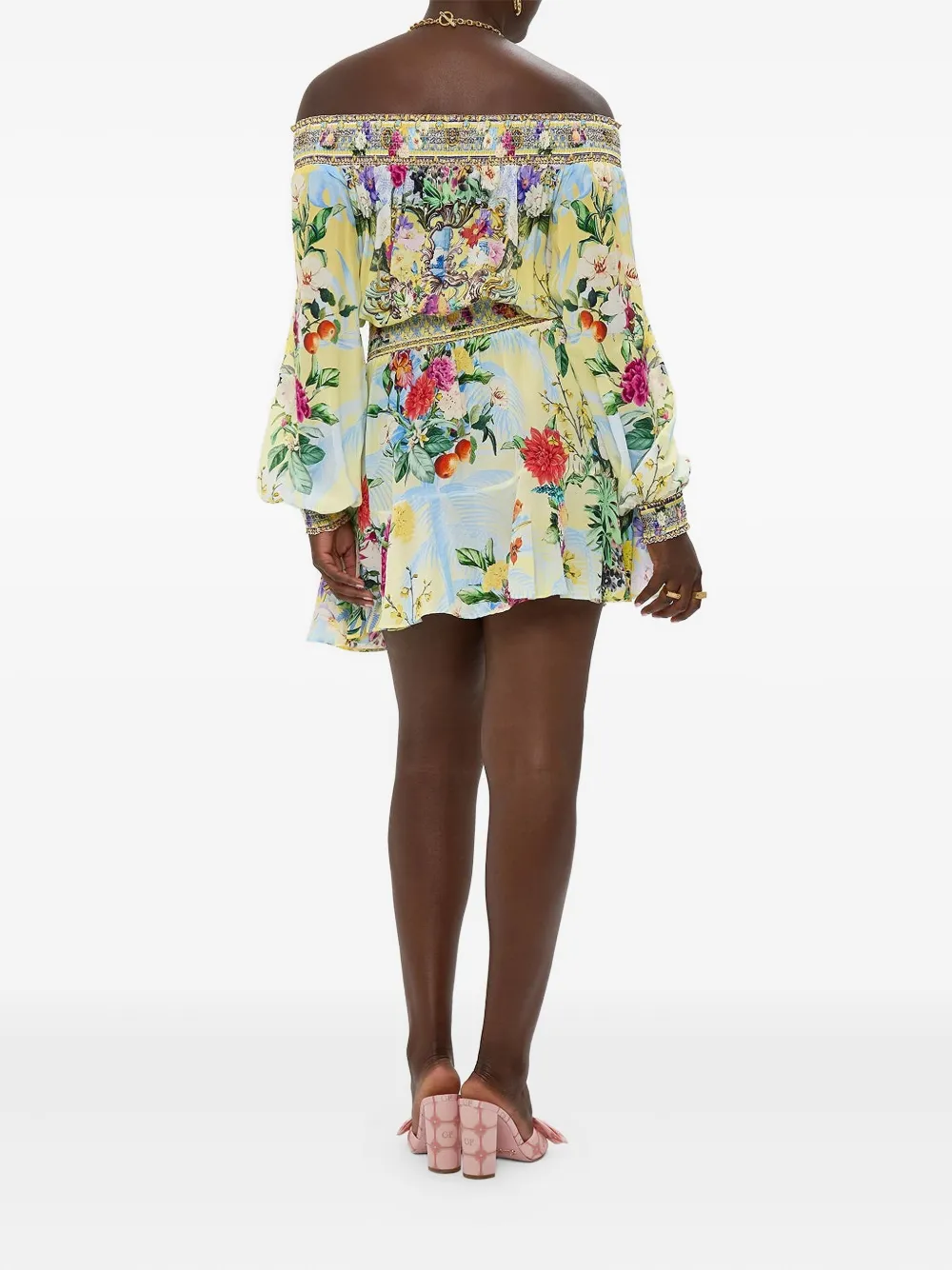 Camilla off-shoulder floral print mini dress Geel