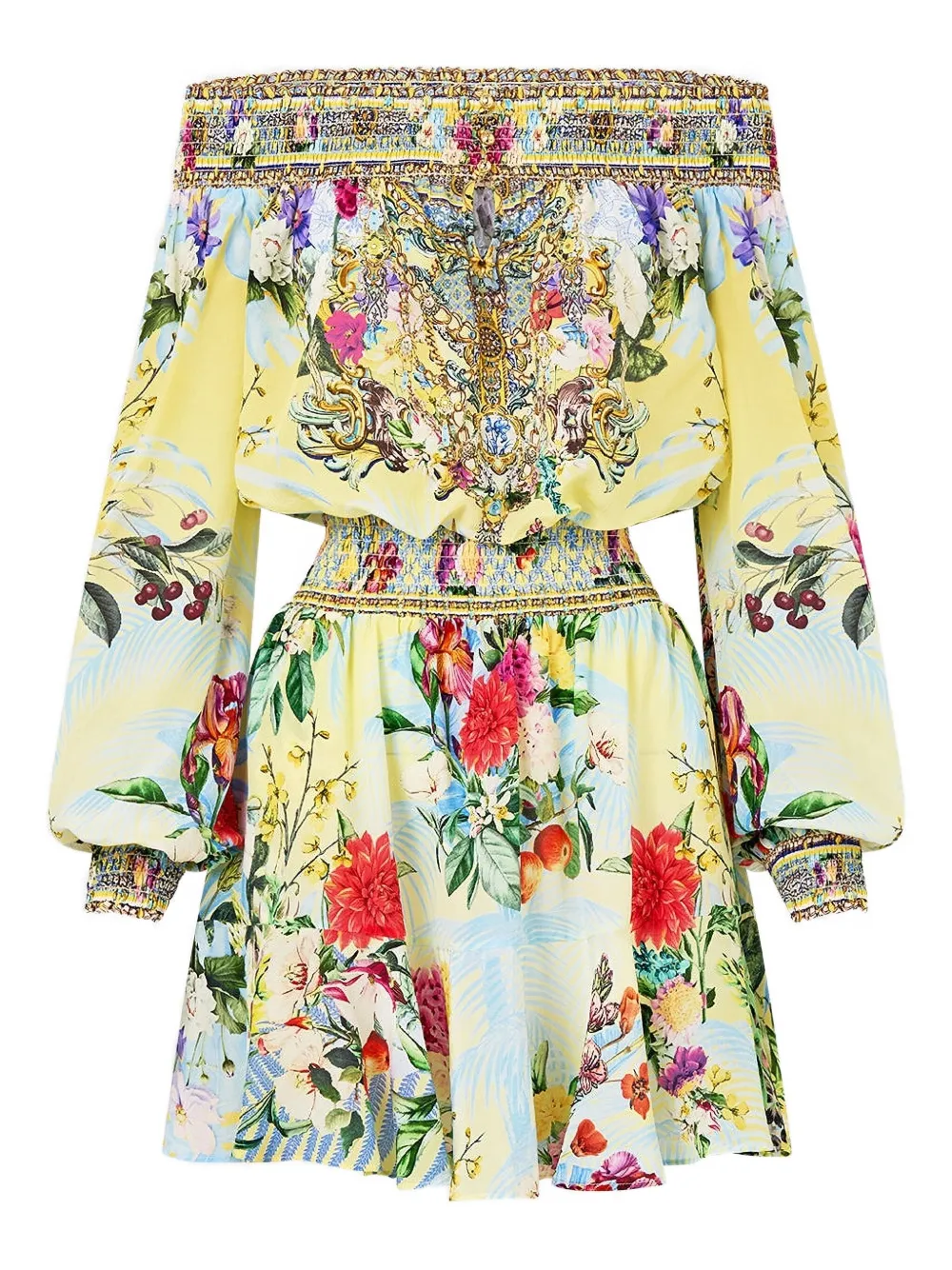 Camilla off-shoulder floral print mini dress Geel