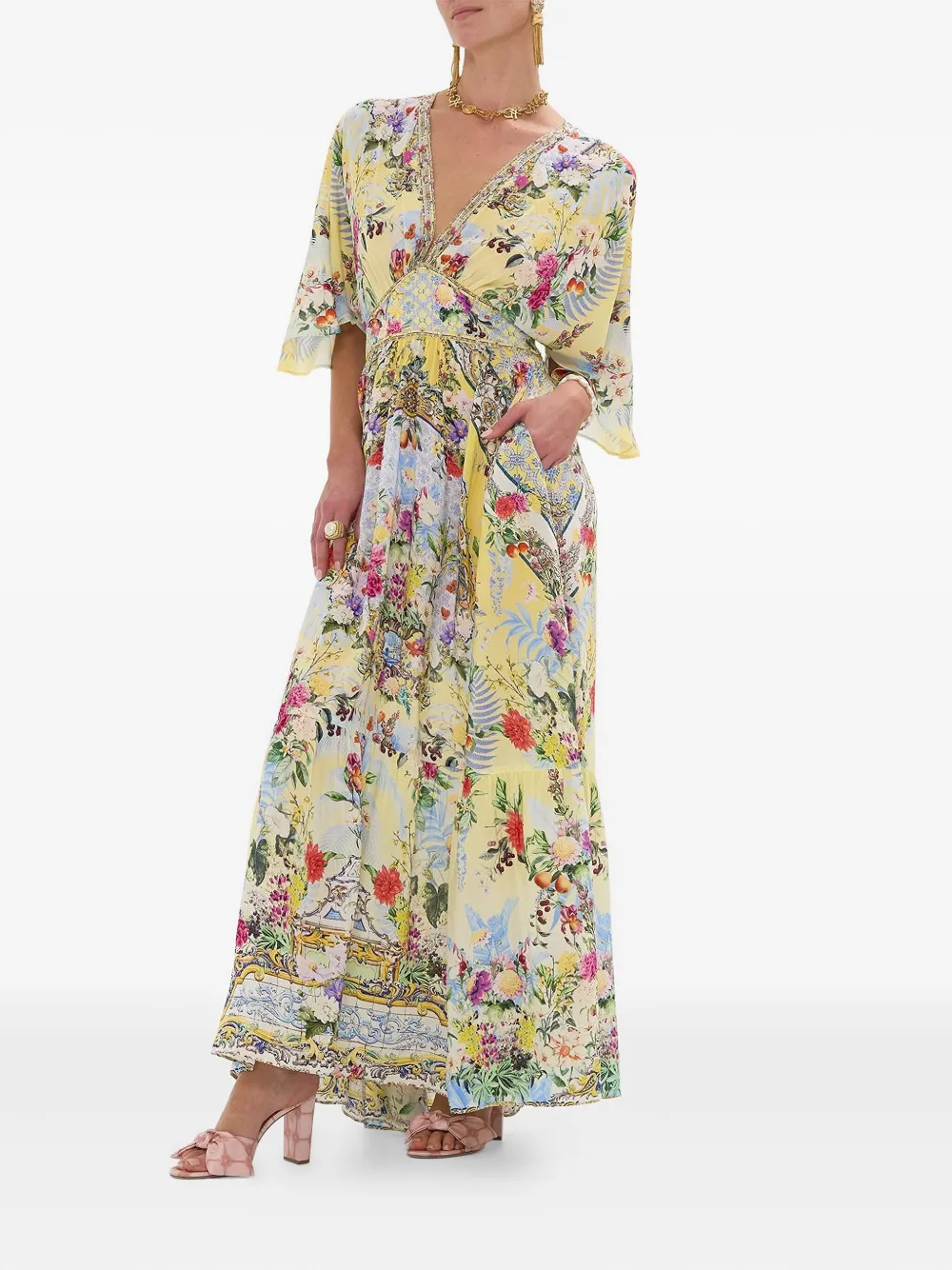 Camilla floral-print V-neck maxi dress Beige