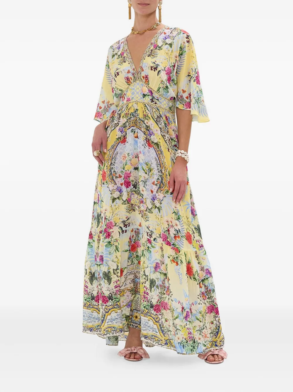 Camilla floral-print V-neck maxi dress Beige