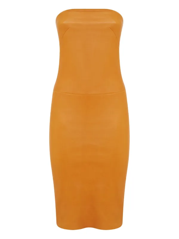 Stouls Monica 25 Strapless Leather Midi Dress in Orange