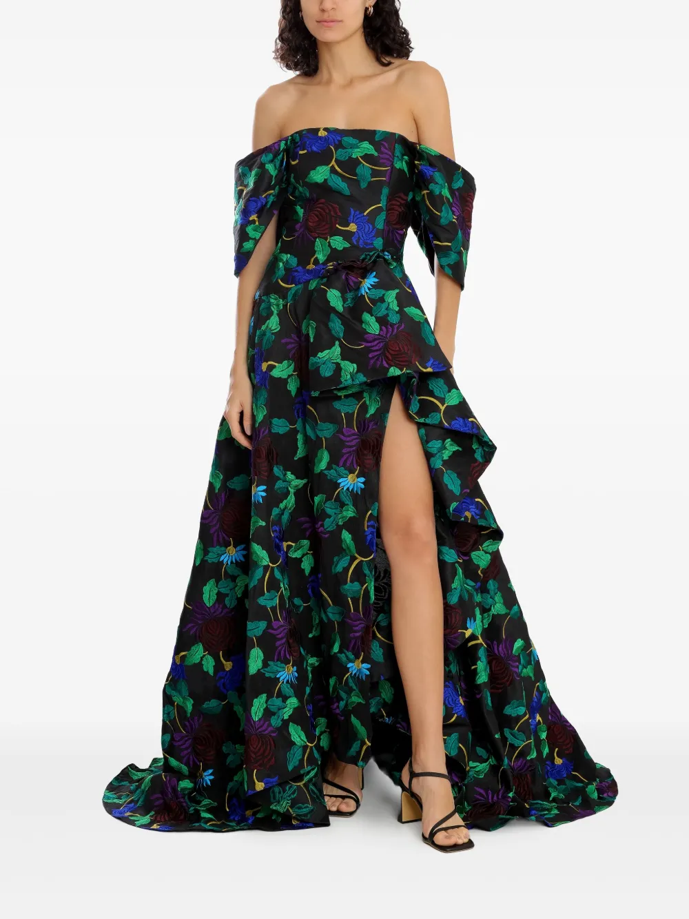 Olympiah off-shoulder floral-embroidered gown - Zwart