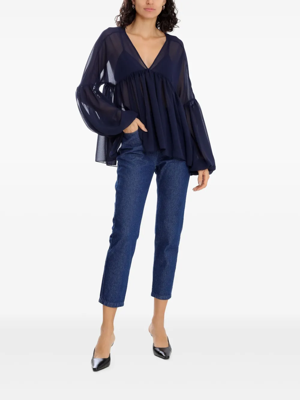 Olympiah pleated balloon-sleeve blouse - Blauw