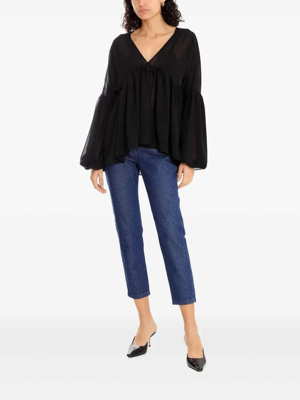 Olympiah pleated balloon-sleeve blouse - Zwart