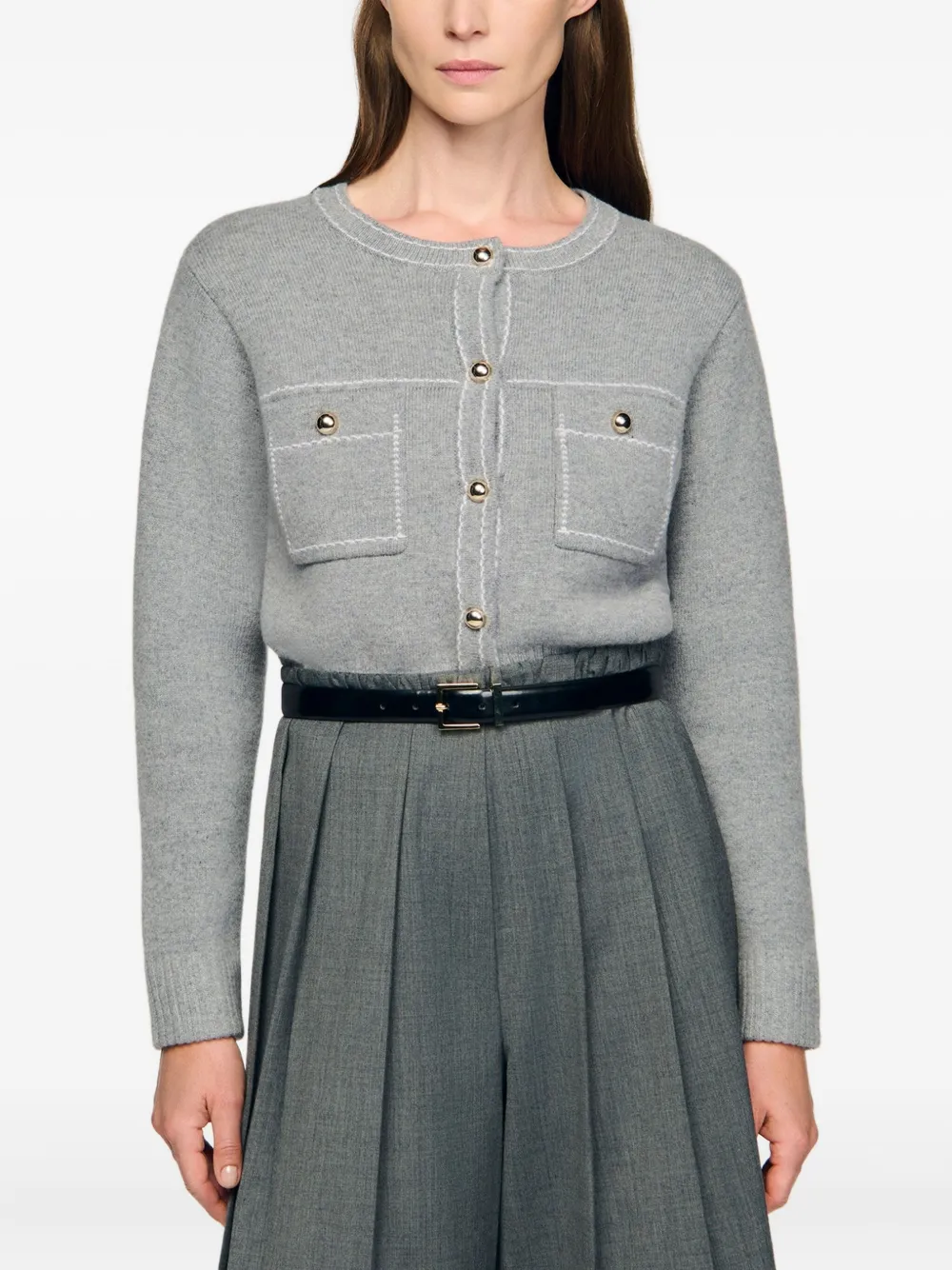 Sandro Womens Grey Contrast-stitch Wool-blend Cardigan In Gray