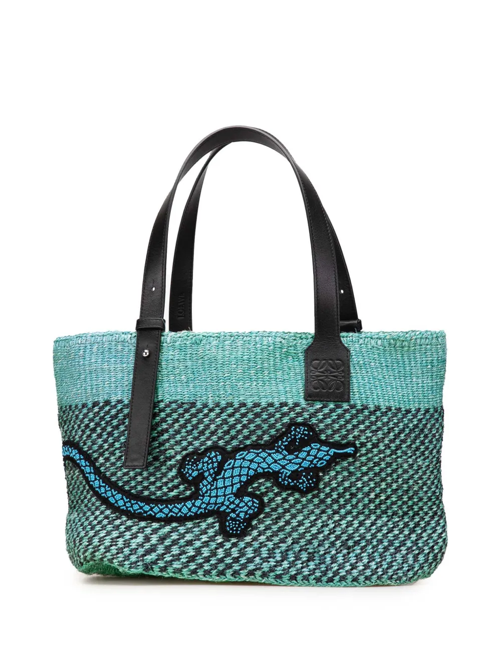 Pre-owned Loewe 2021 Paula's Ibiza Lizard Embroidered Raffia Tote Bag