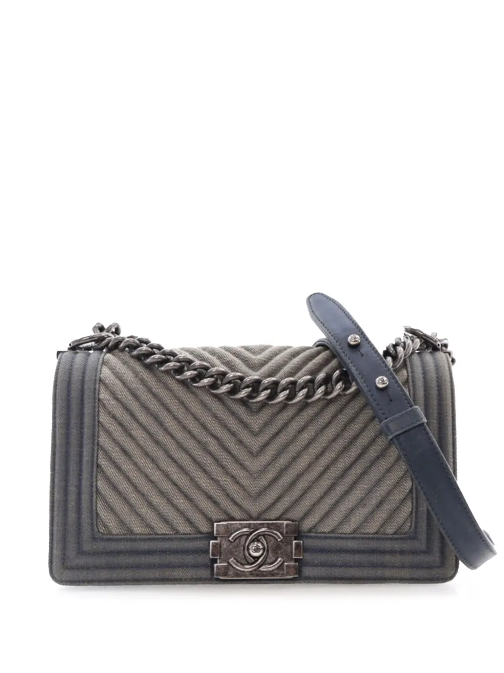 Pre-owned Chanel 2014-2015 Old Medium Chevron Denim Boy Flap Crossbody Bag