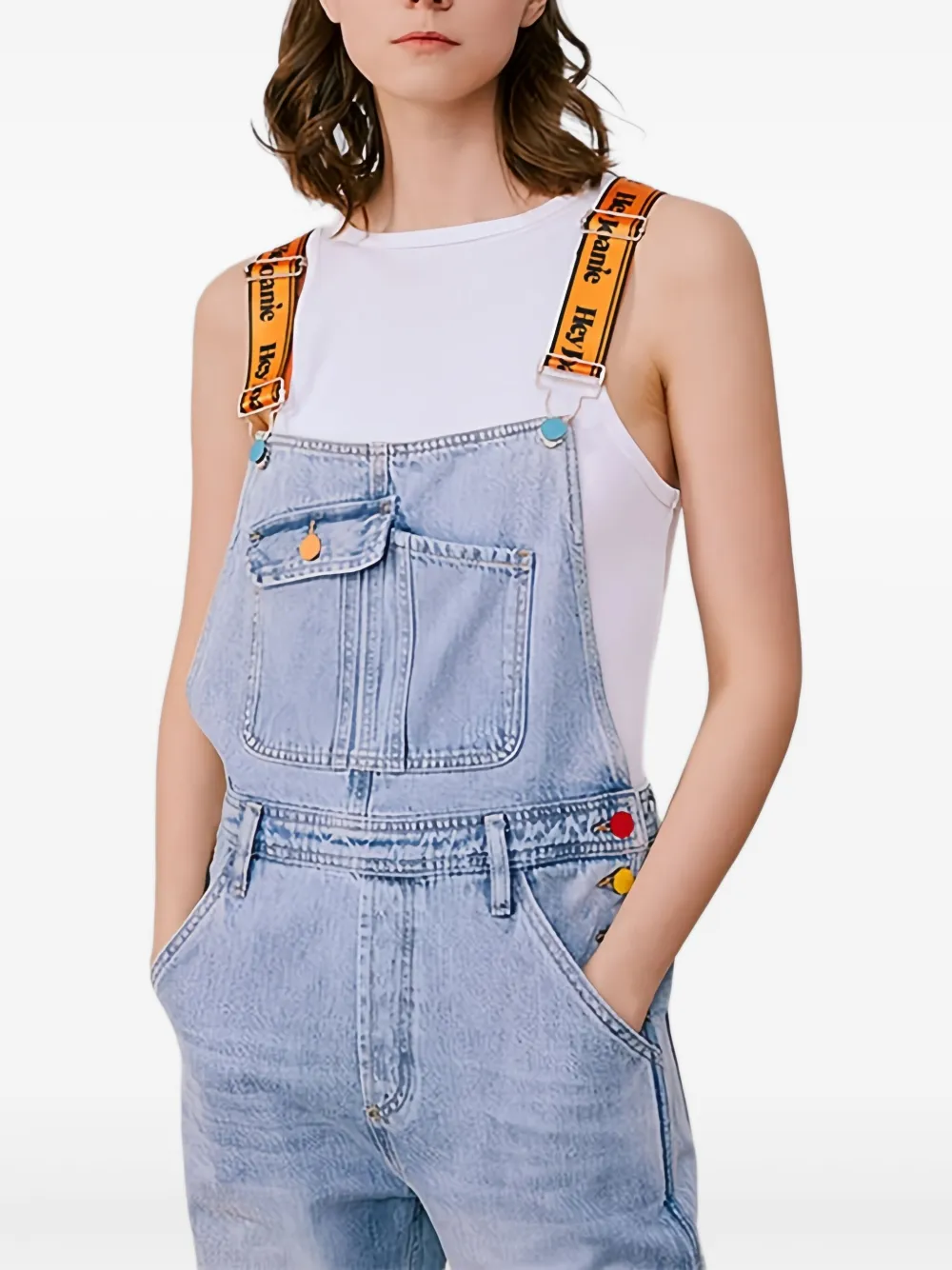HEY JOANIE LOGO-PRINT DUNGAREES