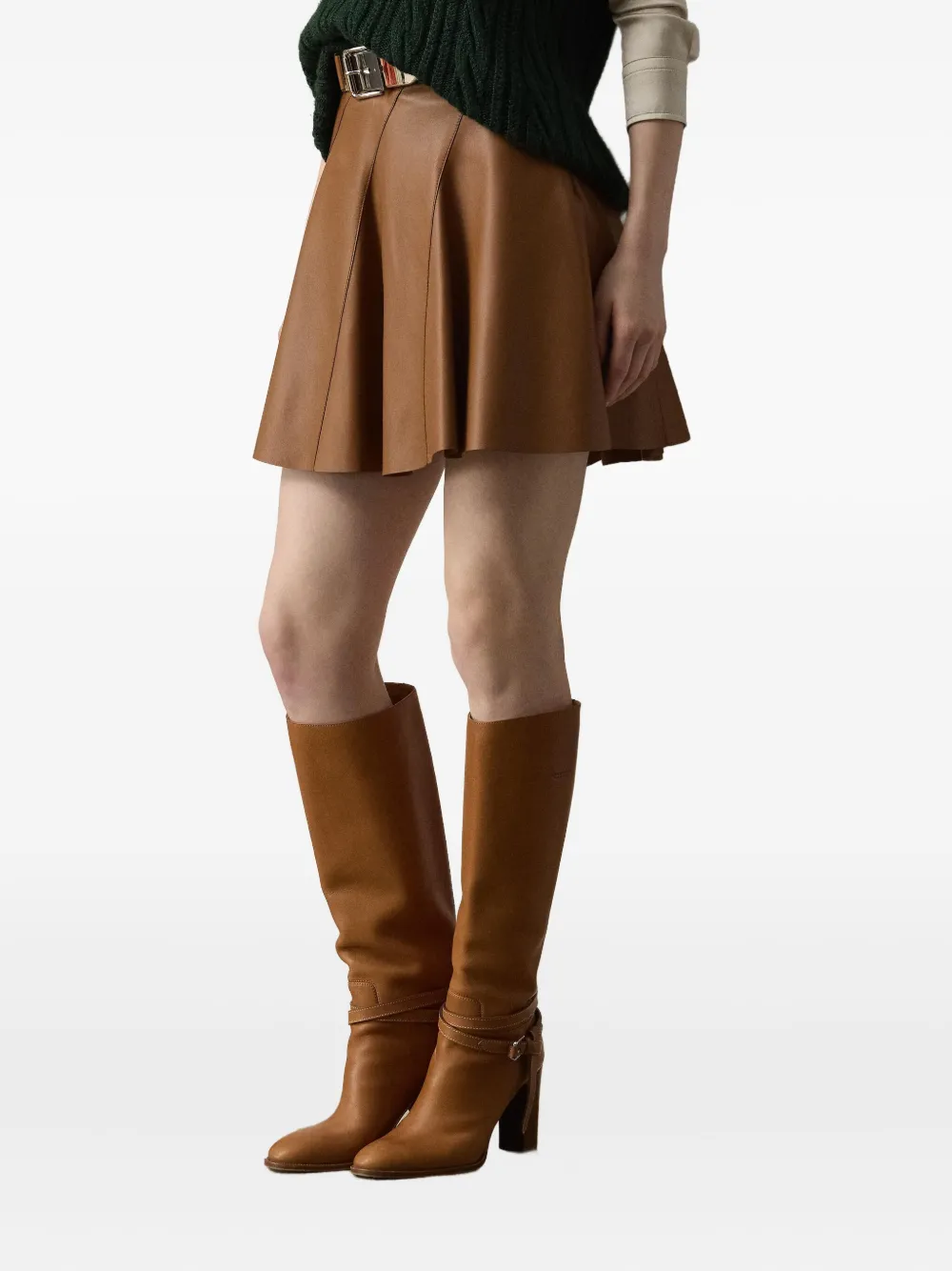 Ralph Lauren Collection Leren geplooide mini-rok Bruin