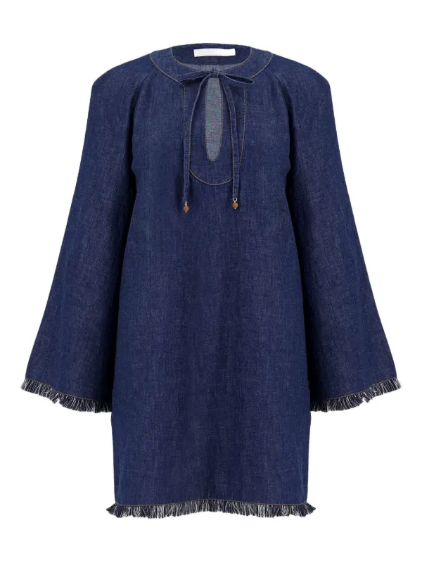 frayed hem denim dress Womens Piece Dyed Denim Dress with Frayed Hem  Wash Lab Blue / S