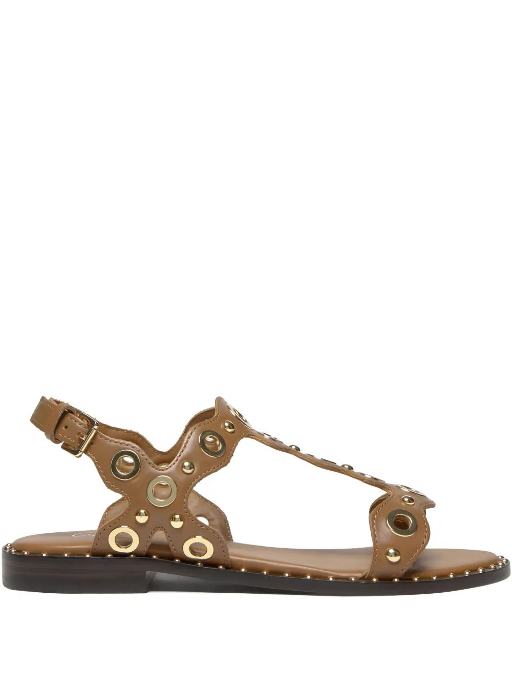 Ash Cinnamon Leather Studded Flat Sandals In Brown