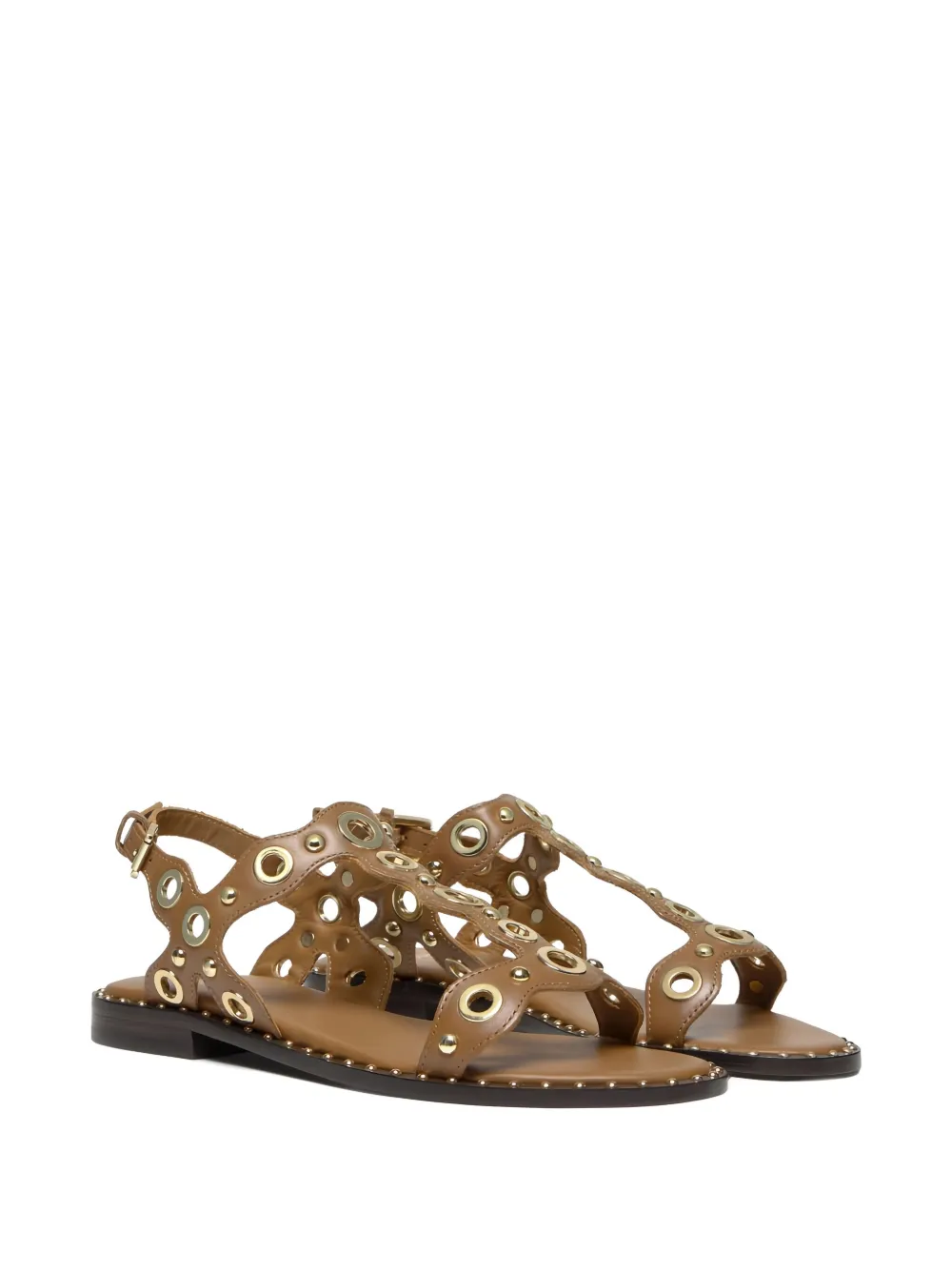 Ash Cinnamon Leather Studded Flat Sandals In Brown