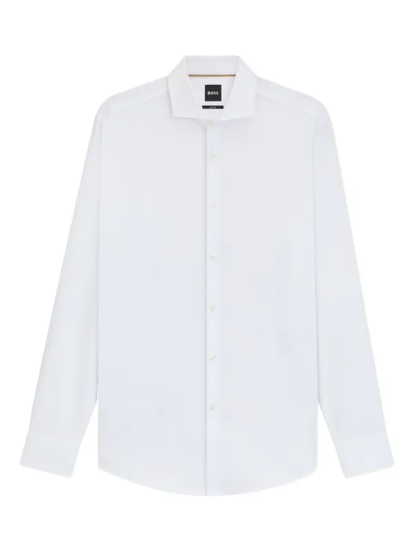 boss dress shirt men Polo Long Sleeve Grey Cotton Blend 50554315 cotton dress shirt features a pointed collar and a simple French placket to keep the styling streamlined and smart BOSS Slim-Fit Cotton-Blend Poplin Dress