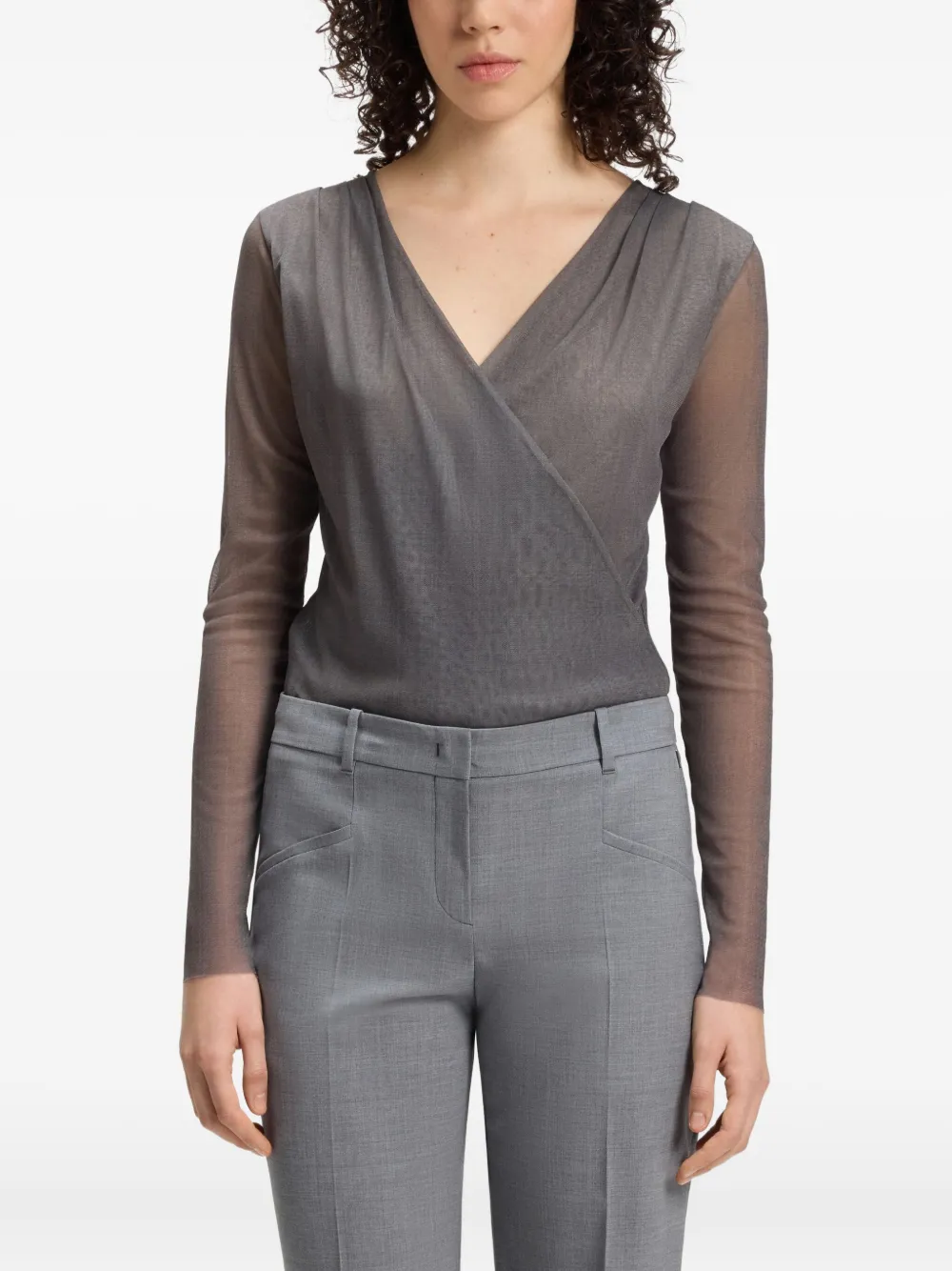 Hugo Boss Wrap-front Long-sleeve Top In Gray
