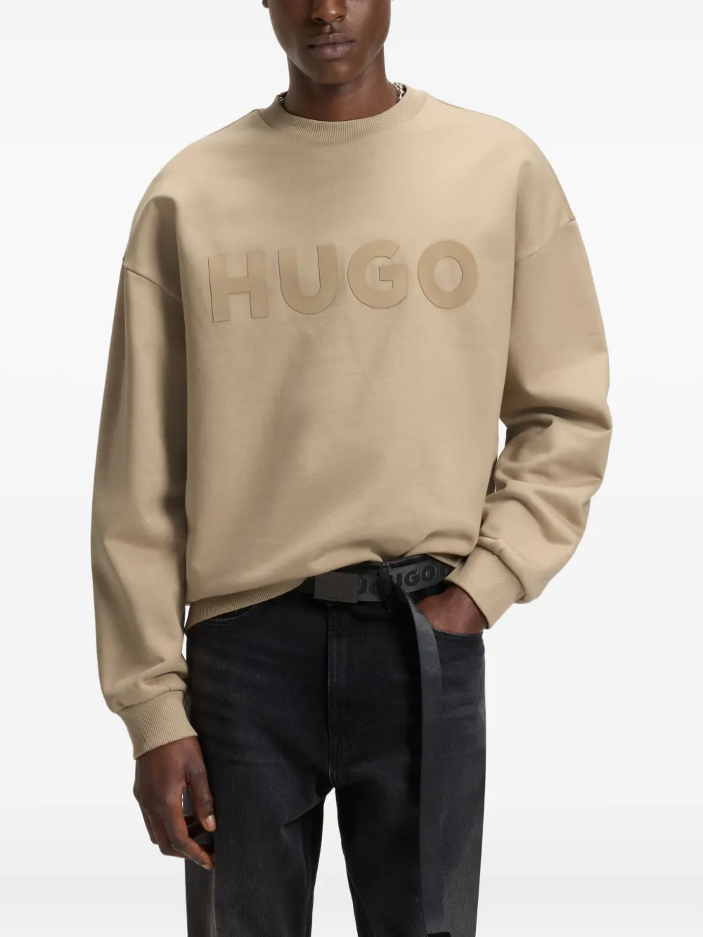 HUGO Sweater met logo-reliëf Bruin