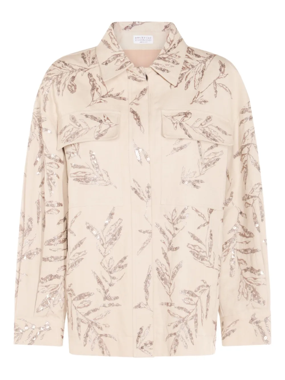 Brunello Cucinelli sequin-embellished leaf-print shirt | Neutrals | Image 1